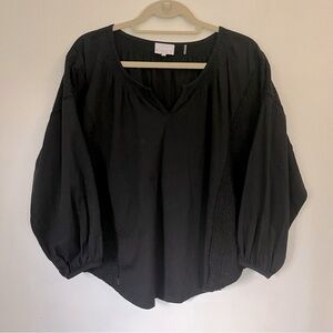 Kinly Boho Black Mixed Media Geometric Eyelet Drop Shoulder Lantern Sleeve M